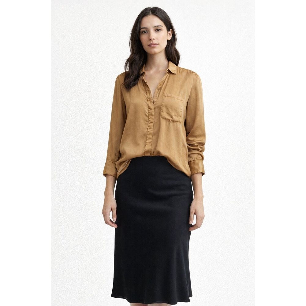 Young Fabulous & Broke Gold Satin Button Shirt Women L Relaxed